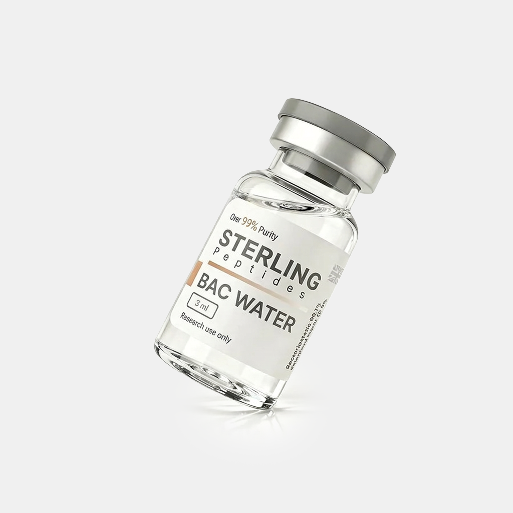 Sterling Bac Water vial with gray cap on a white background, labeled for research use only (3 ml).