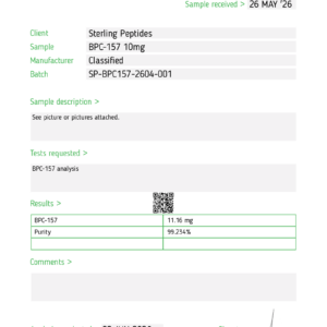 bpc-157 test report Test Report page with JANOSHIK logo, task #163376, client Sterling Peptides, sample BPC-157 10mg, batch SP-BPC157-2604-001, results shown (11.16 mg; 99.234% purity).