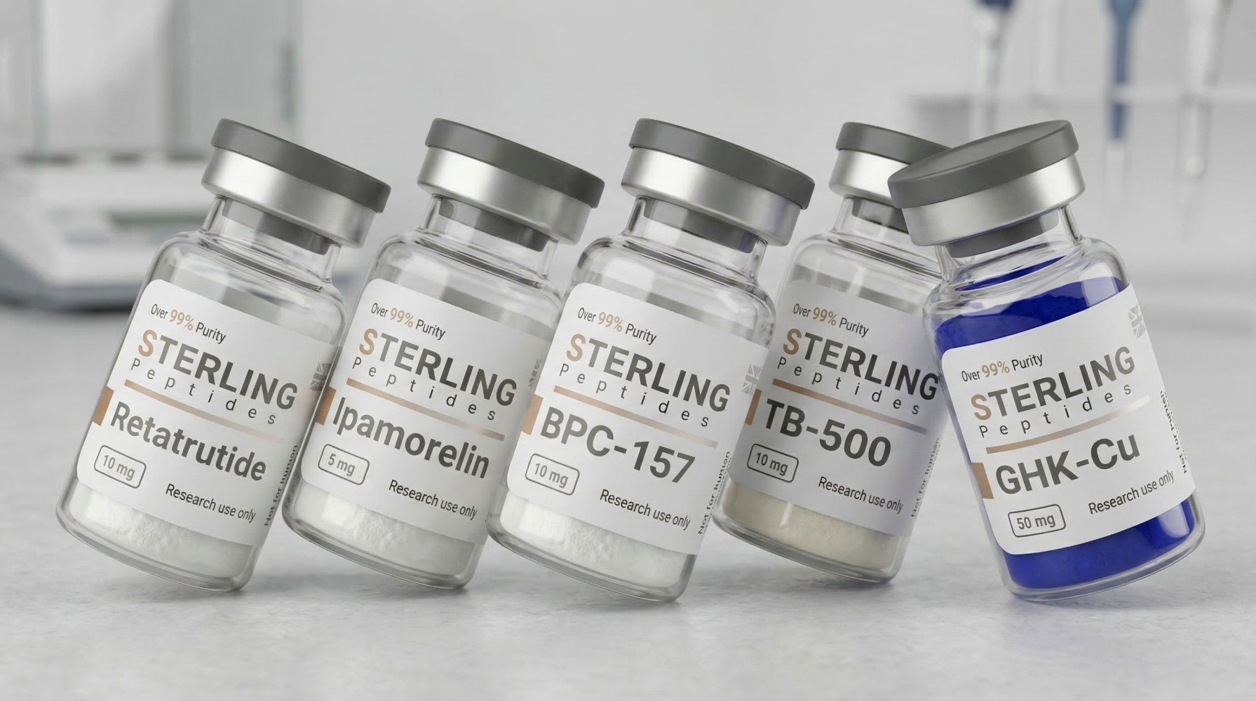 Sterling research peptide vials: Retatrutide, Ipamorelin, BPC-157, TB-500 and GHK-Cu