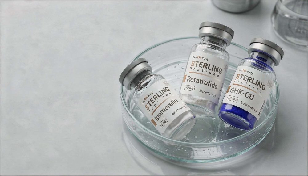 Sterling Peptides research peptide vials UK — Retatrutide 40mg, GHK-Cu 100mg and Ipamorelin 5mg laboratory grade