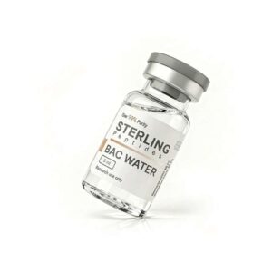 bacwater3ml (1) Clear glass vaccine-style vial labeled 'STERLING peptides BAC WATER' with a gray cap, tilted diagonally.