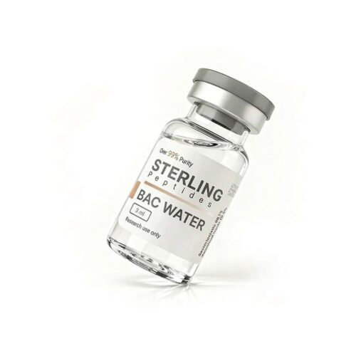 bacwater3ml (1) Clear glass vaccine-style vial labeled 'STERLING peptides BAC WATER' with a gray cap, tilted diagonally.