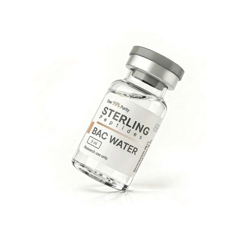 bacwater3ml (1) Clear glass vaccine-style vial labeled 'STERLING peptides BAC WATER' with a gray cap, tilted diagonally.